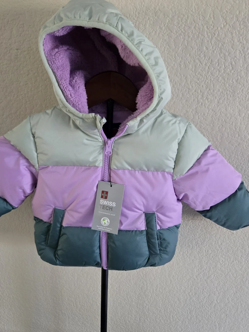 Swiss Tech Colorblock Puffer Jacket - Mint, Lavender & Teal. New With Tags. 12M